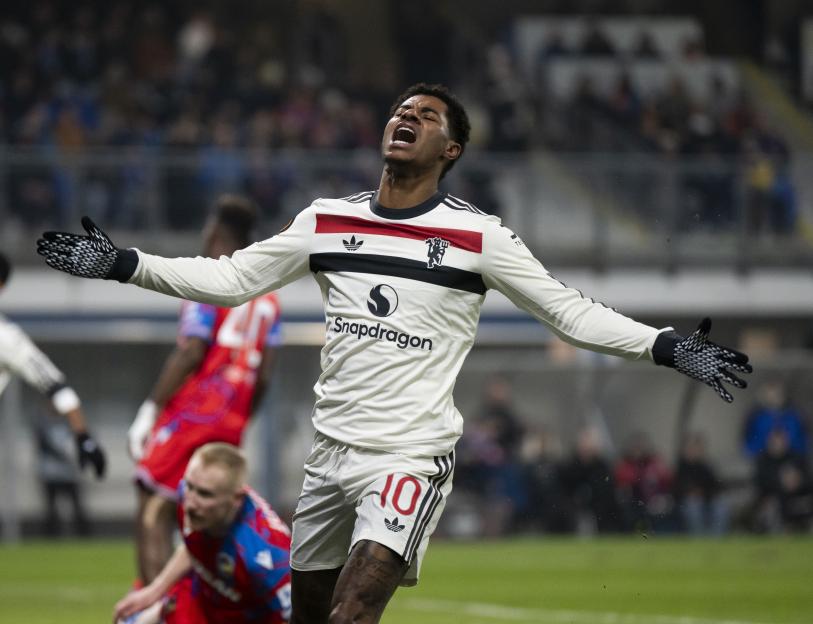 Marcus Rashford of Manchester United celebrates during a UEFA Europa League match.