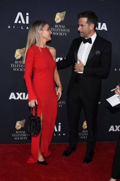 Helen Skelton in a red dress and Gethin Jones in a black tuxedo at the RTS Awards.
