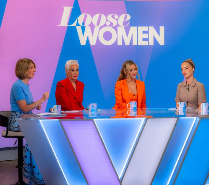 Kaye Adams, Denise Welch, Laura Whitmore, Katie Piper, and Kelle Bryan sitting at a table with "Loose Women" in the background.