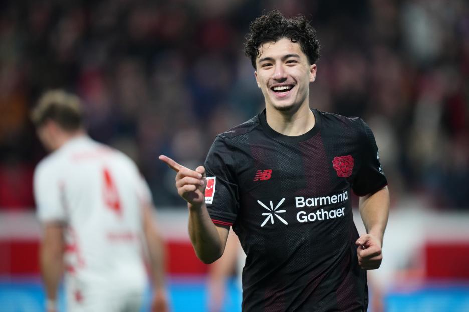 Florian Wirtz celebrating his goal for Bayer 04 Leverkusen against 1. FC Heidenheim 1846.