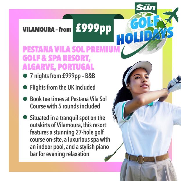 Illustration of a golf holiday advertisement for Vilamoura, Portugal, featuring a golfer, a golf course globe, and an airplane.