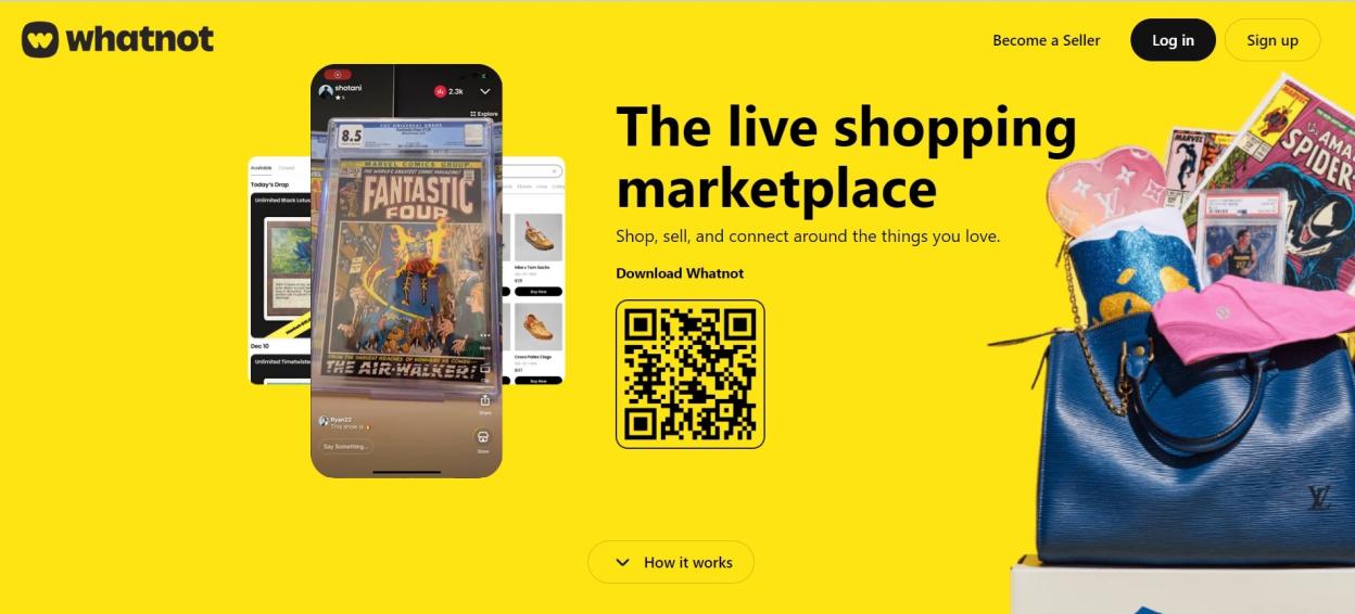 Screenshot of the Whatnot app showcasing collectibles like comic books, trading cards, and sneakers, with the text "The live shopping marketplace."
