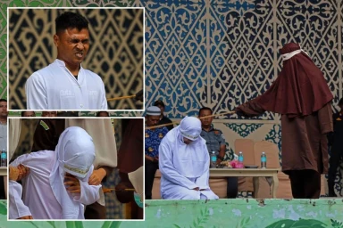 Woman collapses in pain as couple convicted of adultery are flogged 100 times each under brutal Sharia law in Indonesia