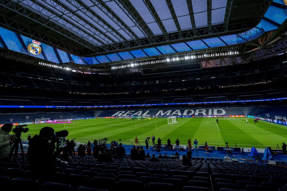 AS Monaco players training at Estadio Santiago Bernabeu ahead of a UEFA Champions League match against Real Madrid.