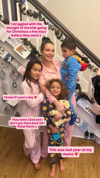 Helen Flanagan with her three children in matching pink and blue pajamas.