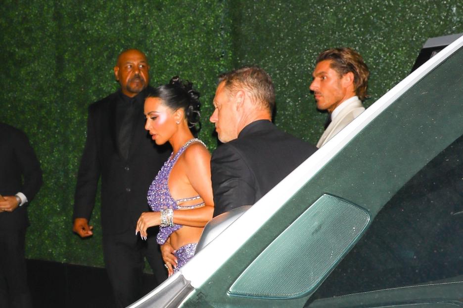 Kim Kardashian in a lavender crystal-embellished gown at Kris Jenner’s 70th birthday bash.