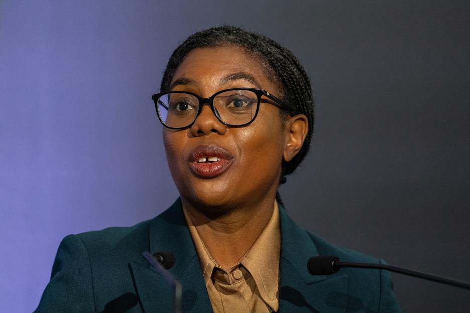 Kemi Badenoch delivering a speech at the Farnborough International Exhibition Centre.