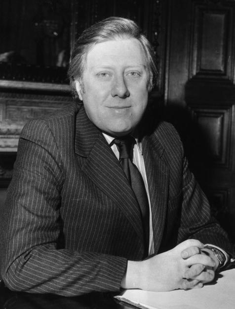 Labour MP Roy Hattersley, Minister of State for Foreign and Commonwealth Affairs, in a pinstripe suit.