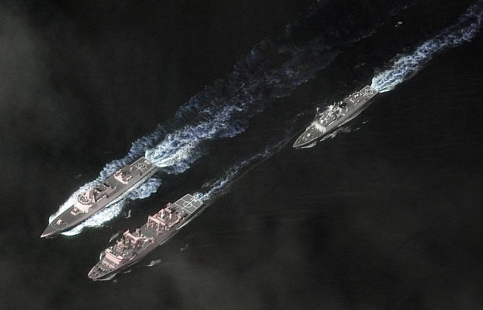 A satellite image shows Chinese Naval Vessels sailing in the Philippine Sea