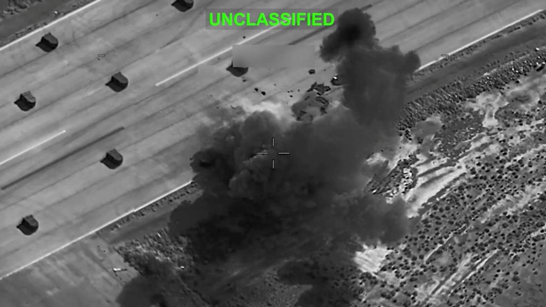 Smoke rises from explosions at an unknown location, following what U.S. Central Command (CENTCOM) said were strikes on Iranian military targets