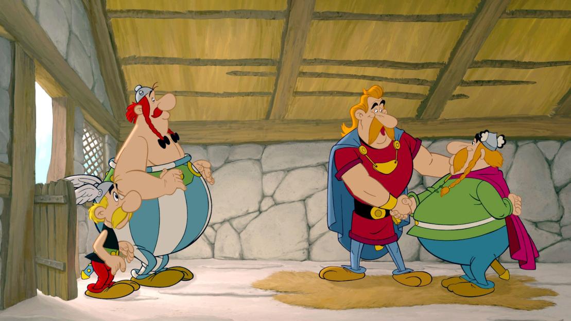 Illustration of Asterix and Obelix, along with other characters, in "Asterix and the Vikings."