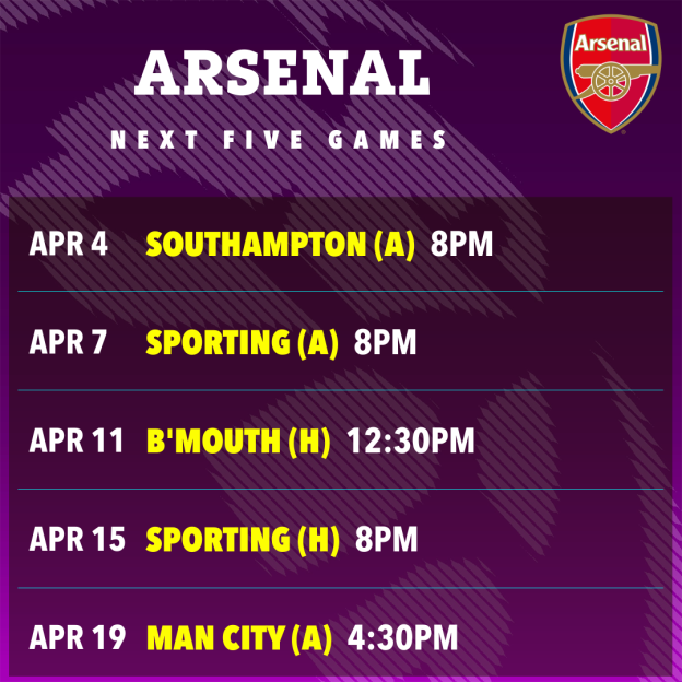 Arsenal's next five games with dates and times.