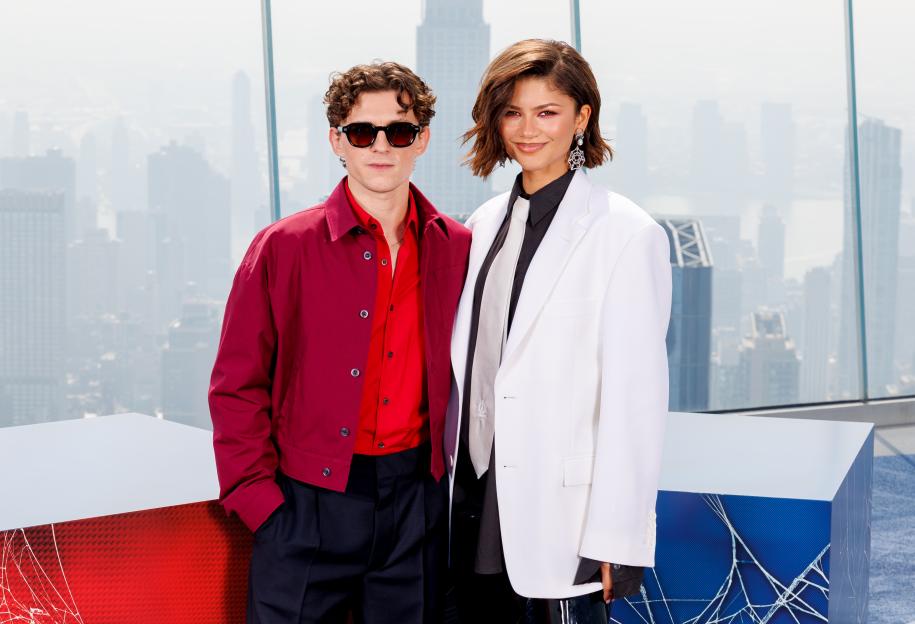 Tom Holland and Zendaya pose for a photo call for "Spider-Man: Brand New Day".