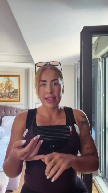 Polly Sellman, MAFS UK star, wearing a post-surgery compression garment after a boob job.
