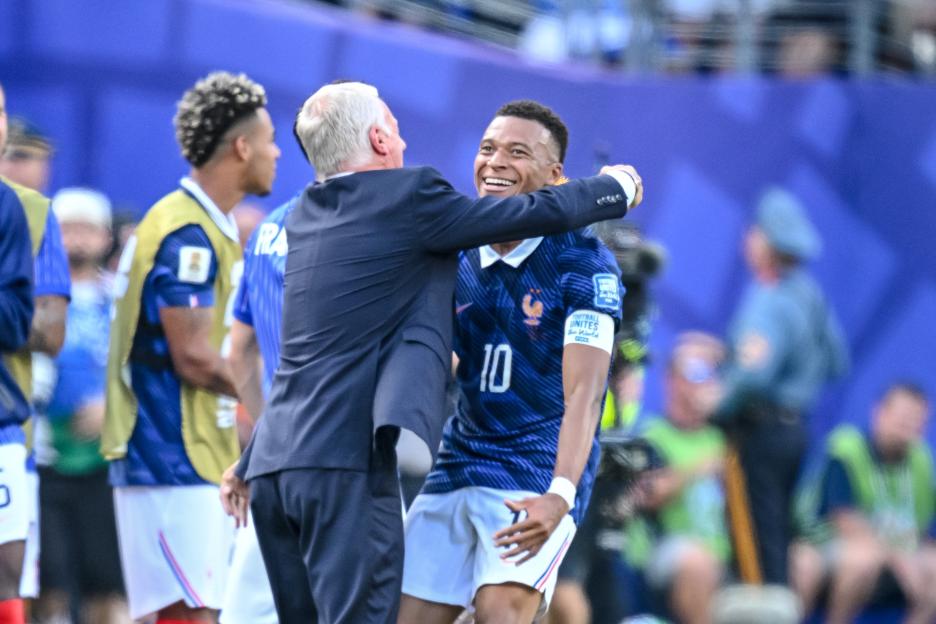 Kylian Mbappe celebrating his goal with a teammate during the FIFA World Cup 2026.
