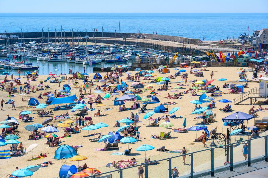 Beachgoers sunbathe on a crowded beach next to a harbor filled with boats.