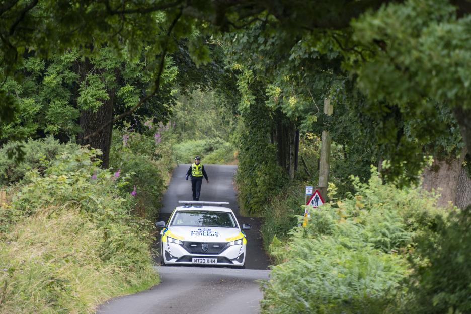 A police car and officer on a narrow tree-lined rural road.