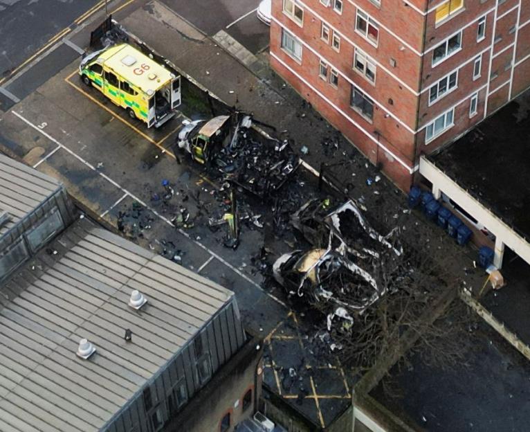 A drone view of four ambulances belonging to Hatzola, a Jewish community organisation, that were set on fire in northwest London