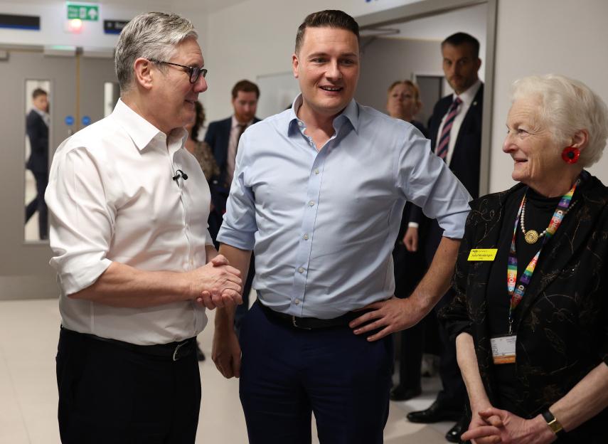 Prime Minister Keir Starmer, Health Secretary Wes Streeting, and Julia Neuberger, Chair of UCLH, during a hospital visit.
