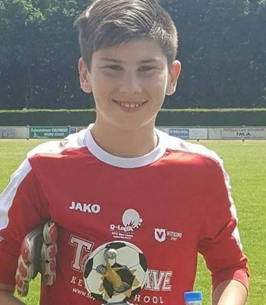 Collage of two photos of a male goalkeeper as an adult and as a young boy.