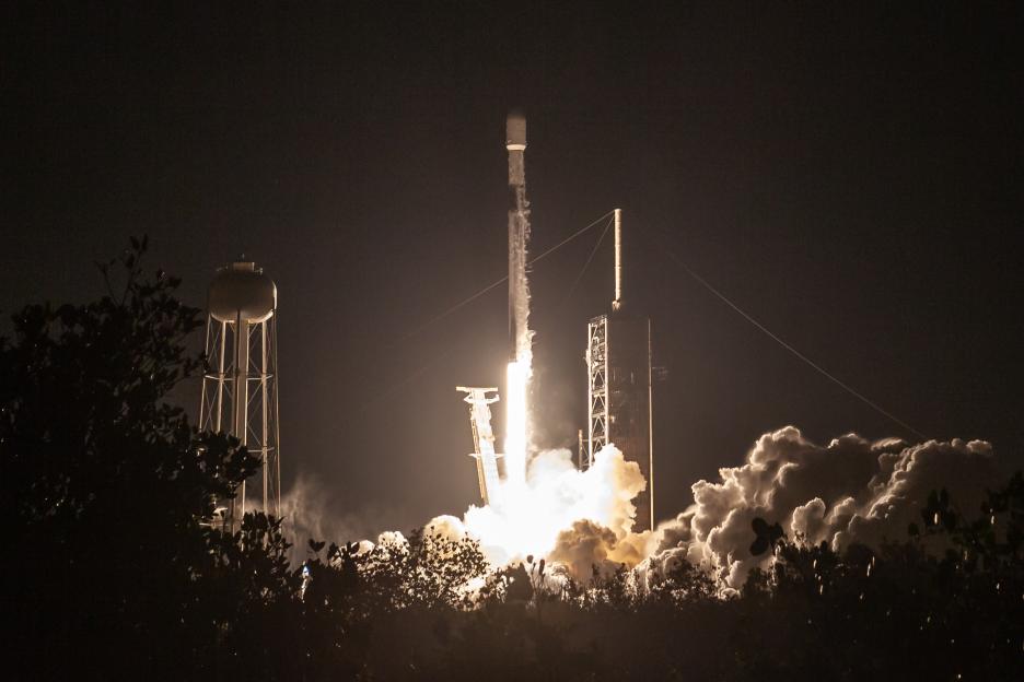 A SpaceX Falcon 9 rocket launches from Kennedy Space Center, carrying the Intuitive Machines Moon Lander Athena.
