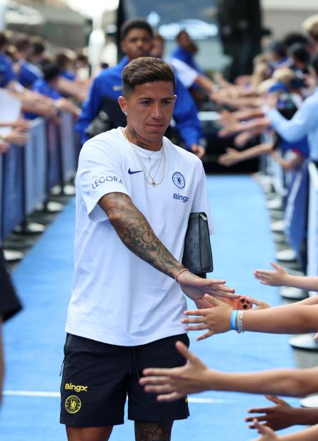 London, UK. 15th Aug, 2026. LONDON, ENGLAND, AUGUST 15: Enzo Fernandez of Chelsea arrives at Stamford Bridge ahead of the match during the Pre Season Friendly match between Chelsea v Real Sociedad at Stamford Bridge Stadium, London on 15 August. (Pho