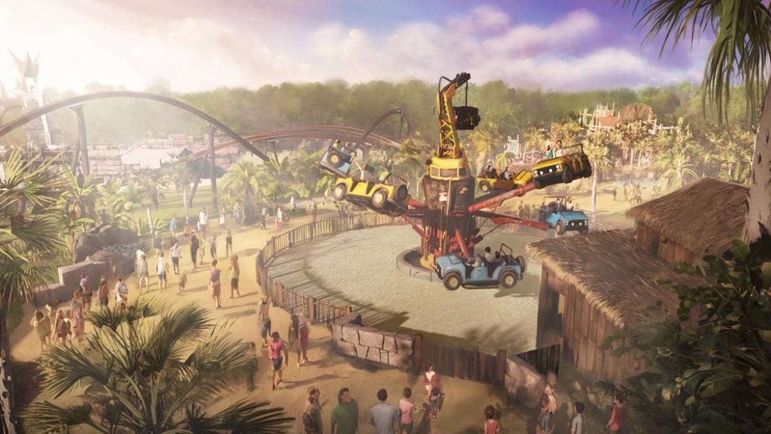 Illustration of the Exotic Island section of Walibi Rhone Alpes theme park, featuring a "safari" ride with jeep-like vehicles, surrounded by lush foliage and people.