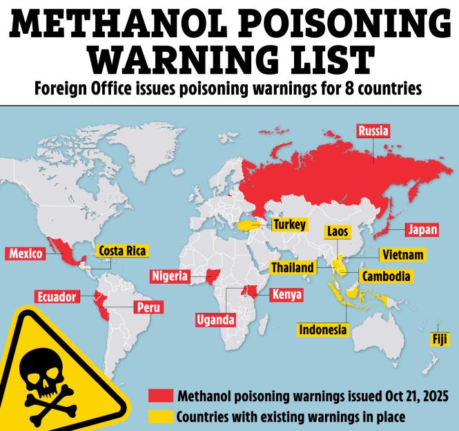 Map illustrating countries with methanol poisoning warnings.