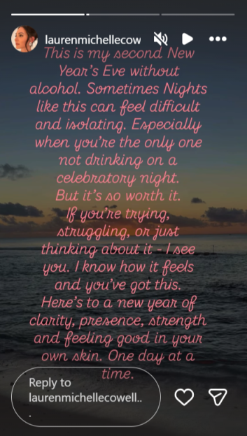 Text post by laurenmichellecow about celebrating New Year's Eve without alcohol.