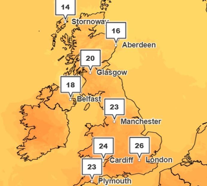Map of the UK showing temperatures ranging from 14 to 26 degrees Celsius.