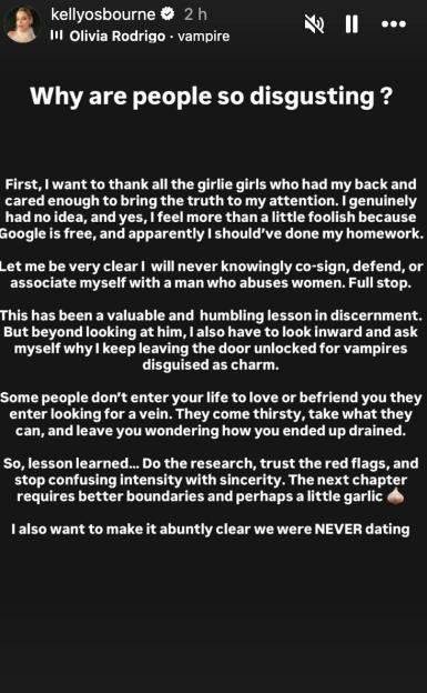 Kelly Osbourne's Instagram story post explaining she broke up with a new love interest after finding out he abuses women.
