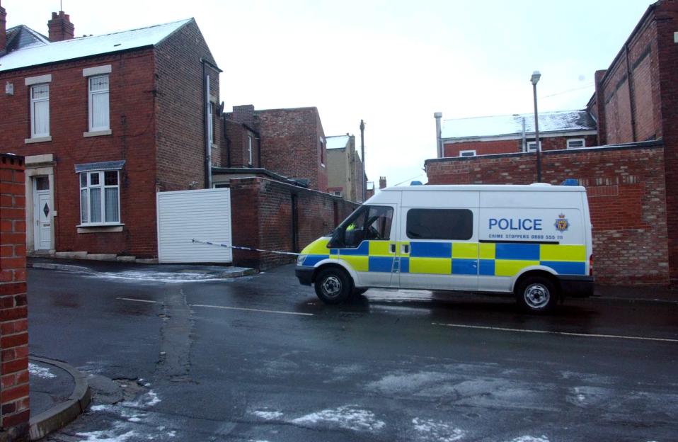 Police van blocking an alleyway behind houses in Willington Quay during an abduction investigation.