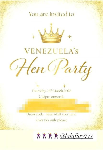 Illustration of a gold and white invitation for "Venezuela's Hen Party" with a golden crown and sparkling details.