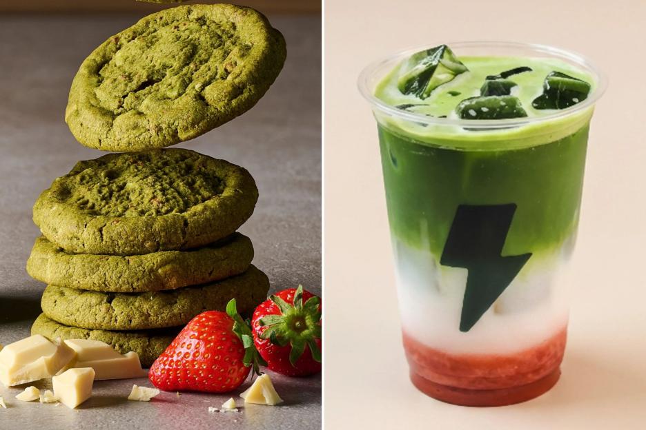 An image collage containing 2 images, Image 1 shows Matcha latte with green cookies, strawberries, and white chocolate, Image 2 shows A vibrant layered drink with a bottom layer of red, a middle white layer, and a top green layer with ice and a black lightning bolt decal