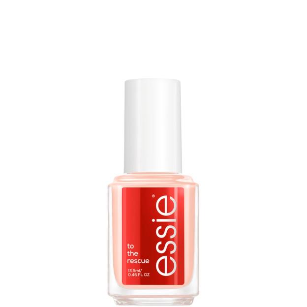 Essie "to the rescue" nail polish in a clear bottle with a red label.