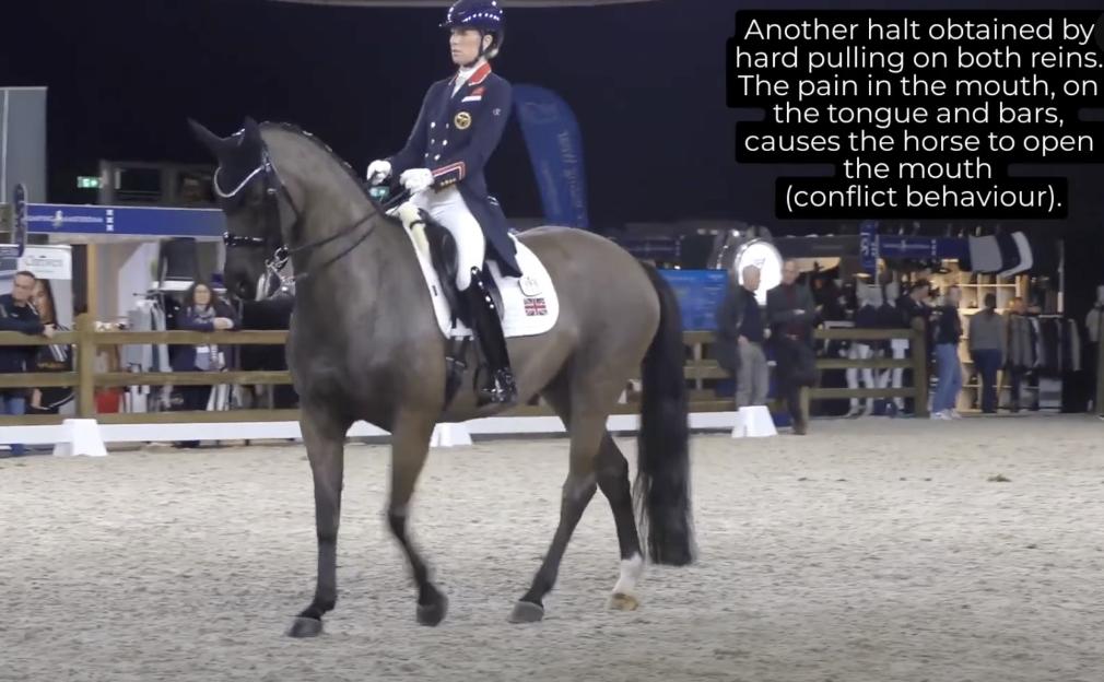 Charlotte Dujardin riding a horse, with text discussing controversial training methods.