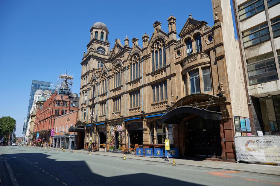 The Baroque and Gothic Albert Hall in Manchester, originally the Methodist Central Hall, on a sunny day.