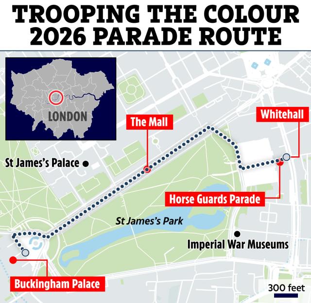 Illustration of the Trooping the Colour 2026 parade route in London, showing landmarks like Buckingham Palace, St James's Park, The Mall, Horse Guards Parade, and Whitehall.