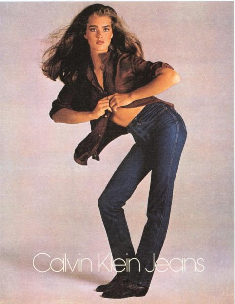 Brooke Shields modeling for Calvin Klein Jeans ad.