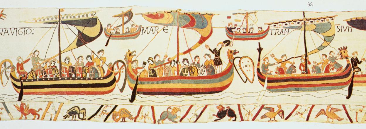 Illustration of William the Conqueror's fleet sailing to England, from the Bayeux Tapestry.