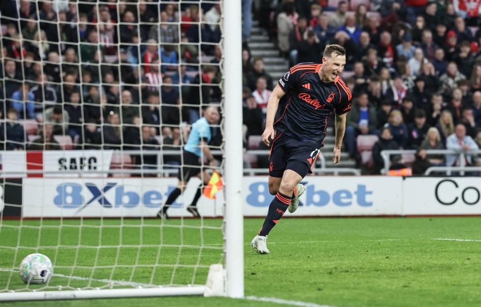 Chris Wood celebrating after scoring a goal for Nottingham Forest.