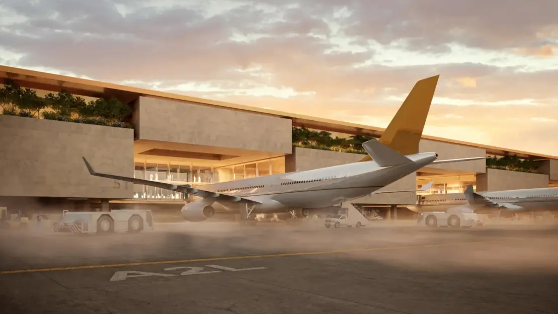 Illustration of planes on an airport tarmac with a modern building and sunset.