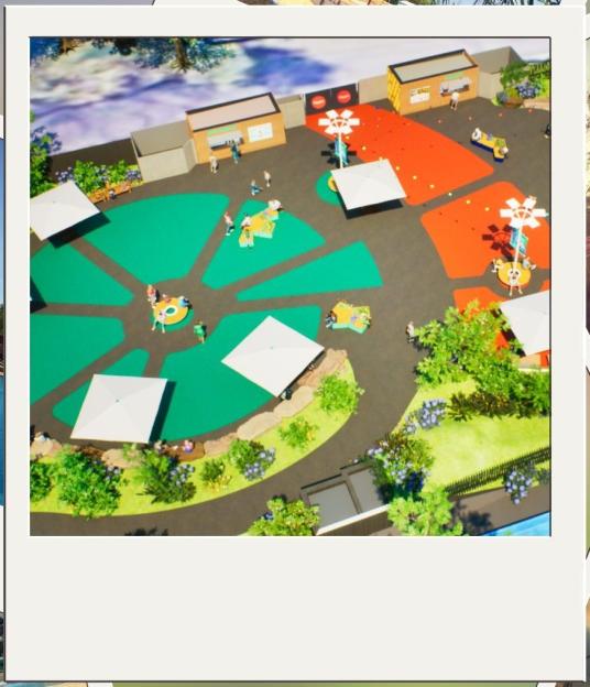 Collage of Thorpe Park images, including a conceptual illustration of a waterpark and photos of rollercoasters.