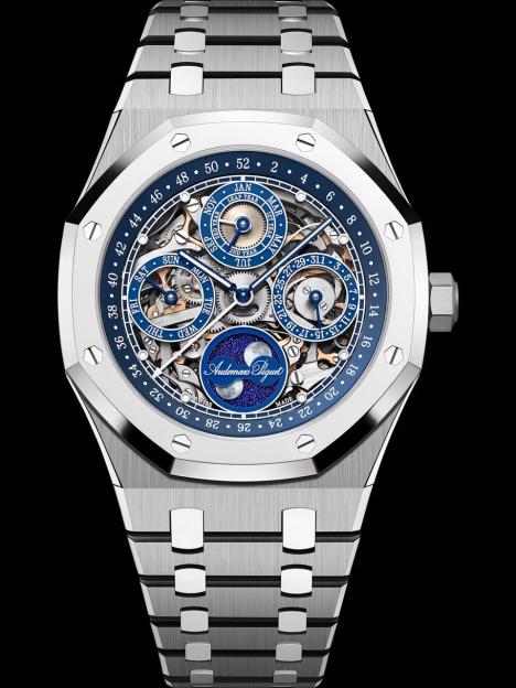 Audemars Piguet watch with a skeletonized perpetual calendar dial.