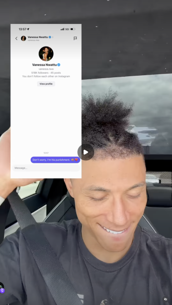 Screenshot of an Instagram profile for Vanessa Nwattu and a text message that reads, "Don't worry, I'm his punishment," overlaid on a man smiling while driving.