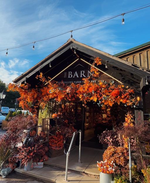 The exterior of "The Barn" farm shop decorated for Halloween with orange leaves, pumpkins, and lights.