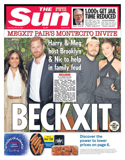 The Sun front page on May 15, 2025, with headlines "Harry & Meg host Brooklyn & Nic to help in family feud" and "BECKXIT," featuring images of Prince Harry, Meghan Markle, Brooklyn Peltz Beckham, and Nicola Peltz Beckham.