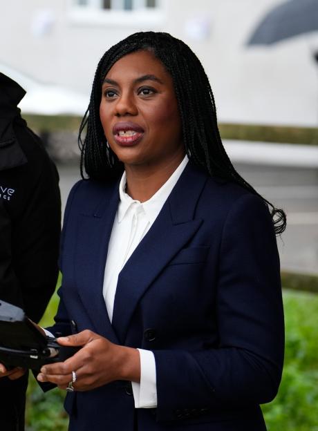 Conservative Party leader Kemi Badenoch flies a drone during a visit to Evolve Dynamics.