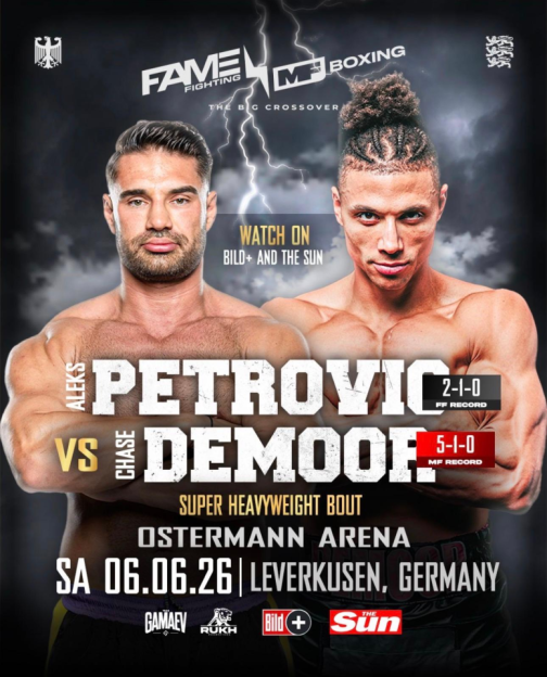 Promotional poster for the "Fame Fighting X MF Boxing: The Big Crossover" Super Heavyweight Bout between Aleks Petrovic and Chase Demoor.
