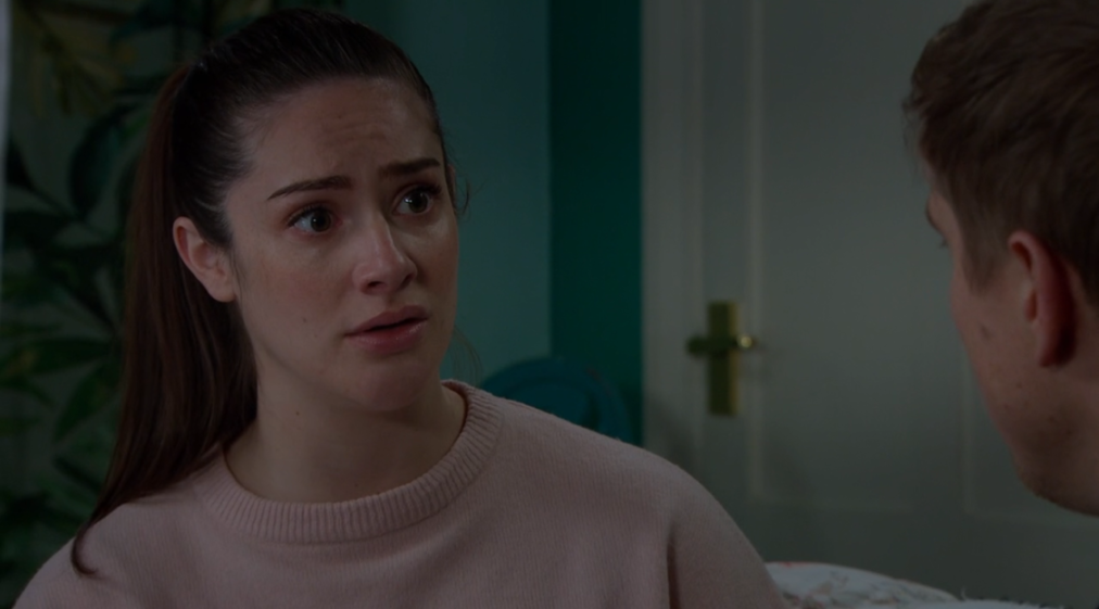 Isabel Hodgins as Victoria Sugden with a concerned expression.